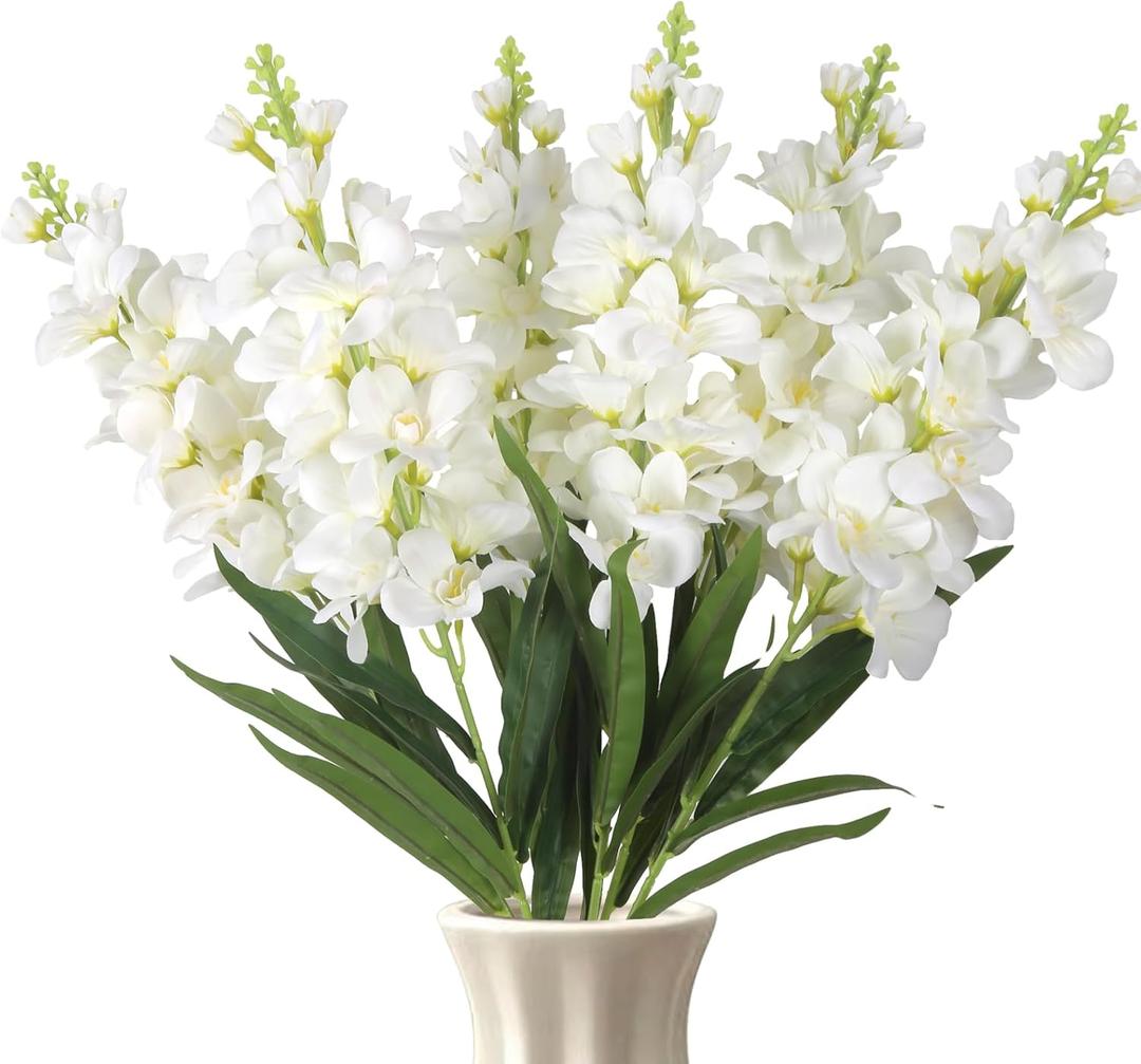Delphinium Artificial Flowers,6PCS Fake White Flowers 35.43'' Larkspur Artificial Flower Long Stem Flowers for Tall Vase Wedding Party Table Centerpieces Home Decor(White)