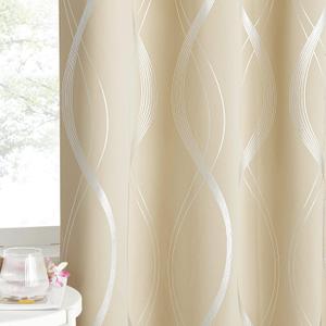 NICETOWN Room Darkening Curtains for Bedroom, Noise Reducing Thermal Insulated Wave Line Foil Print Design Blackout Curtains for Patio Sliding Glass Door (2 Panels, 52 x 84 Inch, Biscotti Beige)