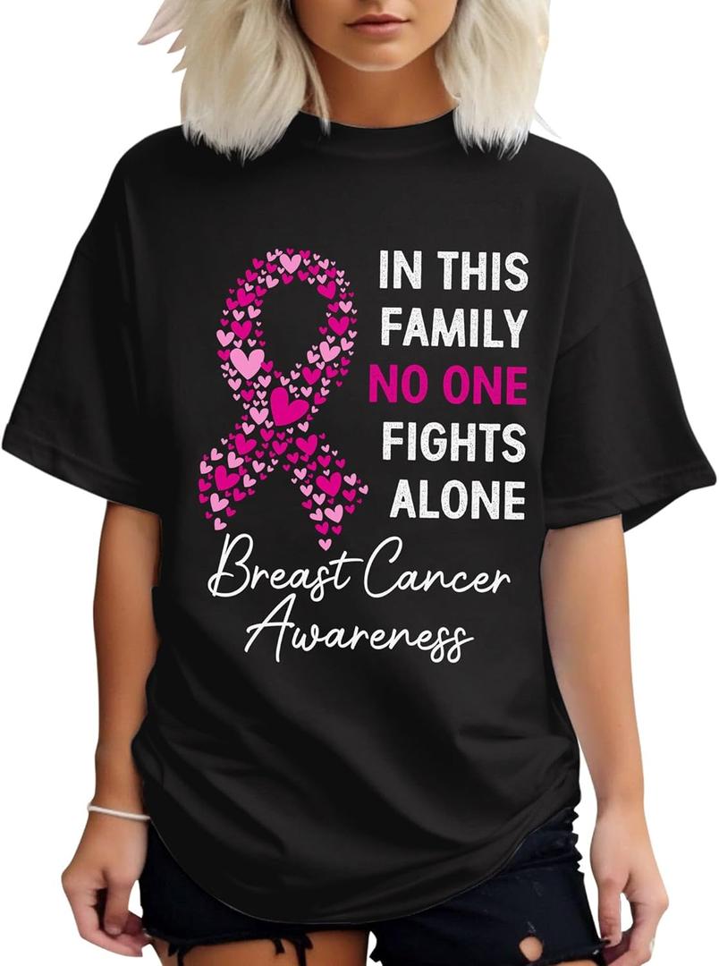 Breast Cancer Shirt Pink Ribbon Shirts for Women Breast Cancer Aweness Tshrit - Gift for Her (Black, L)