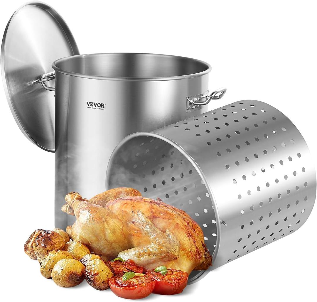 VEVOR Stainless Steel Stockpot, 64 Quart Large Cooking Pots, Cookware Sauce Pot with Basket, Lid, and Handle, Heavy Duty Commercial Grade Stock Pot, Sanding Treatment, for Large Groups Events Silver (63.9 Quarts)