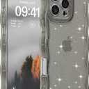 FABSPARK Phone Case for iPhone 13 Pro,Cute Clear Curly Wavy Frame Wave Case with Sparkly Bling Glitter,Non-Yellowing Transparent Acrylic Hard PC Cover for iPhone 13 Pro,Glitter Clear Black