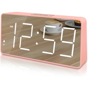 Peakeep Digital Clock, Alarm Clock Battery Backup Powered for Bedrooms - Mirror Face Large Numbers 6 Dimmers for Seniors, Super Loud for Heavy Sleepers (Pink)