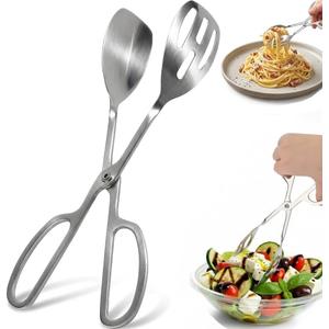 10-Inch Salad Tongs for Serving - Premium Stainless Steel Scissor Tongs, Large Opening Food Utensils for Tossed Salad, Fruit & Greens, Ergonomic Silver Metal Serving Tongs for Buffet, Kitchen & Party