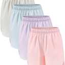 Celfaeree 4 Packs Girls Athletic Shorts with Pockets Running Active Shorts Dry-Fit, Sports Workout Shorts for Kids Teens, M