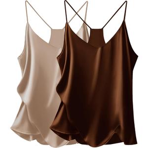 Ekouaer Womens Satin Cami Tops 2 Pack V Neck Silk Camisole Tank Top Spaghetti Strap Racerback Camis Blouse Shirt (Medium, Light Brown/Brown)