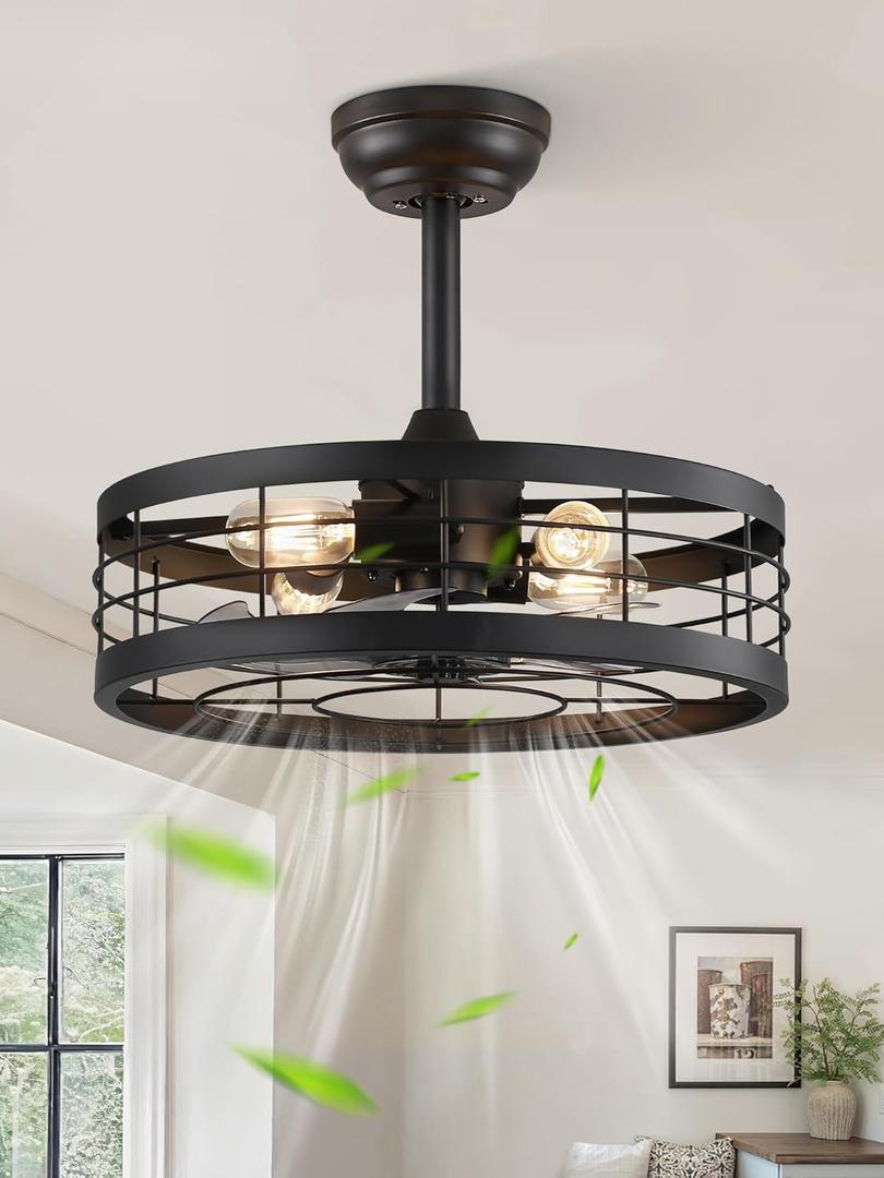 LEDIARY 18 inch Black Caged Ceiling Fan with Light, Bladeless Industrial Ceiling Fan with Remote, Farmhouse Fan Lights Ceiling Fixtures for Kitchen, Bedroom, Outdoor6 Speed, Timing-Black