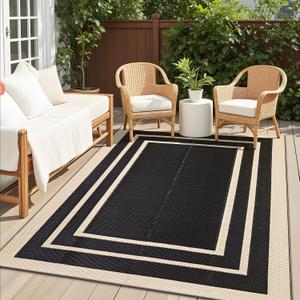 OLANLY Outdoor Rug 4x6 ft Waterproof, Reversible Outdoor Plastic Straw Rug, RV Mat, Indoor Outdoor Carpet Clearance for Patio, Camping, Balcony, Deck, Backyard, Black & Beige