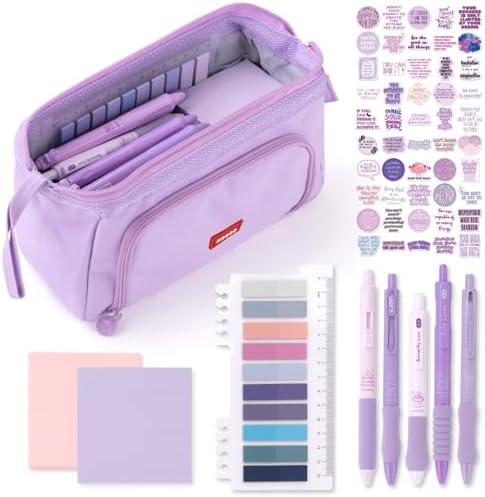 HVOMO Stationery Set, 1 large-capacity pencil case, 5 quick-drying pens, 50 waterproof stickers, 2 sticky note pads(200 sheets), 1 set of 10-color index labels (200 sheets), Student stationery gift (Purple)