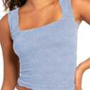 Jar of Love Womens Tank Top Square Neck Wide Strap Crop Tops Flower Going Out Tops Slim Fit Lettuce Trim Summer Cami Tops (Blue, S)