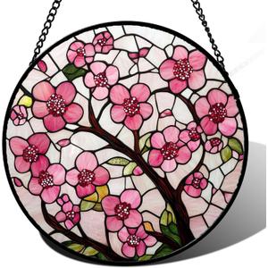 Stained Glass Window Hanging - Cherry Blossoms Birth Flower Suncatcher for Door Garden Patio Sun Catchers Decor Christmas Mother's Day Birthday Gifts for Women Mom Nana Friend Wife 6.3 in