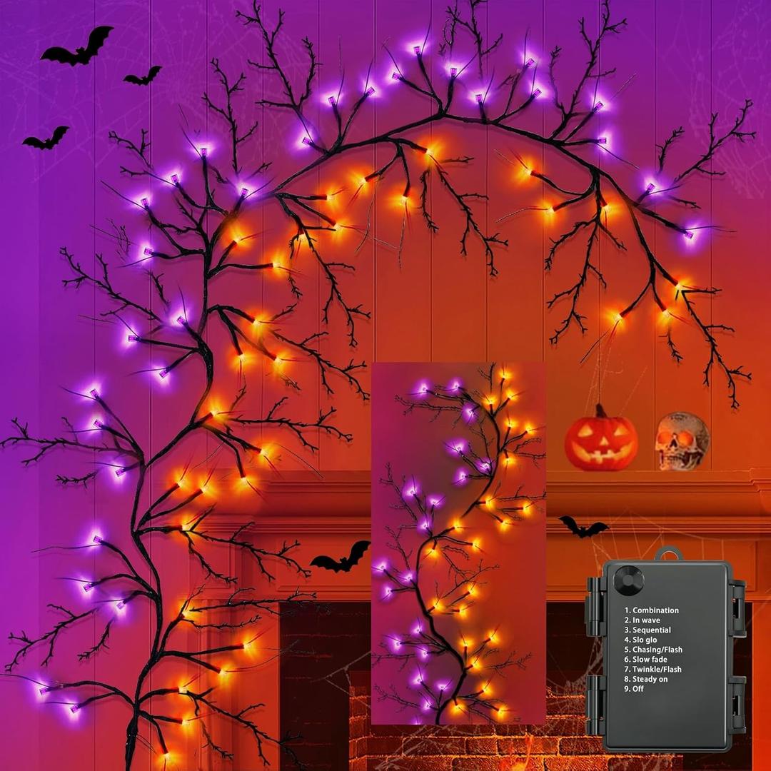 6 Ft 54LED Halloween Garland with Lights, Orange Purple Willow Vine Twig Garland Battery Operated Indoor Outdoor Fireplace Table Wall Home Party Halloween Decor