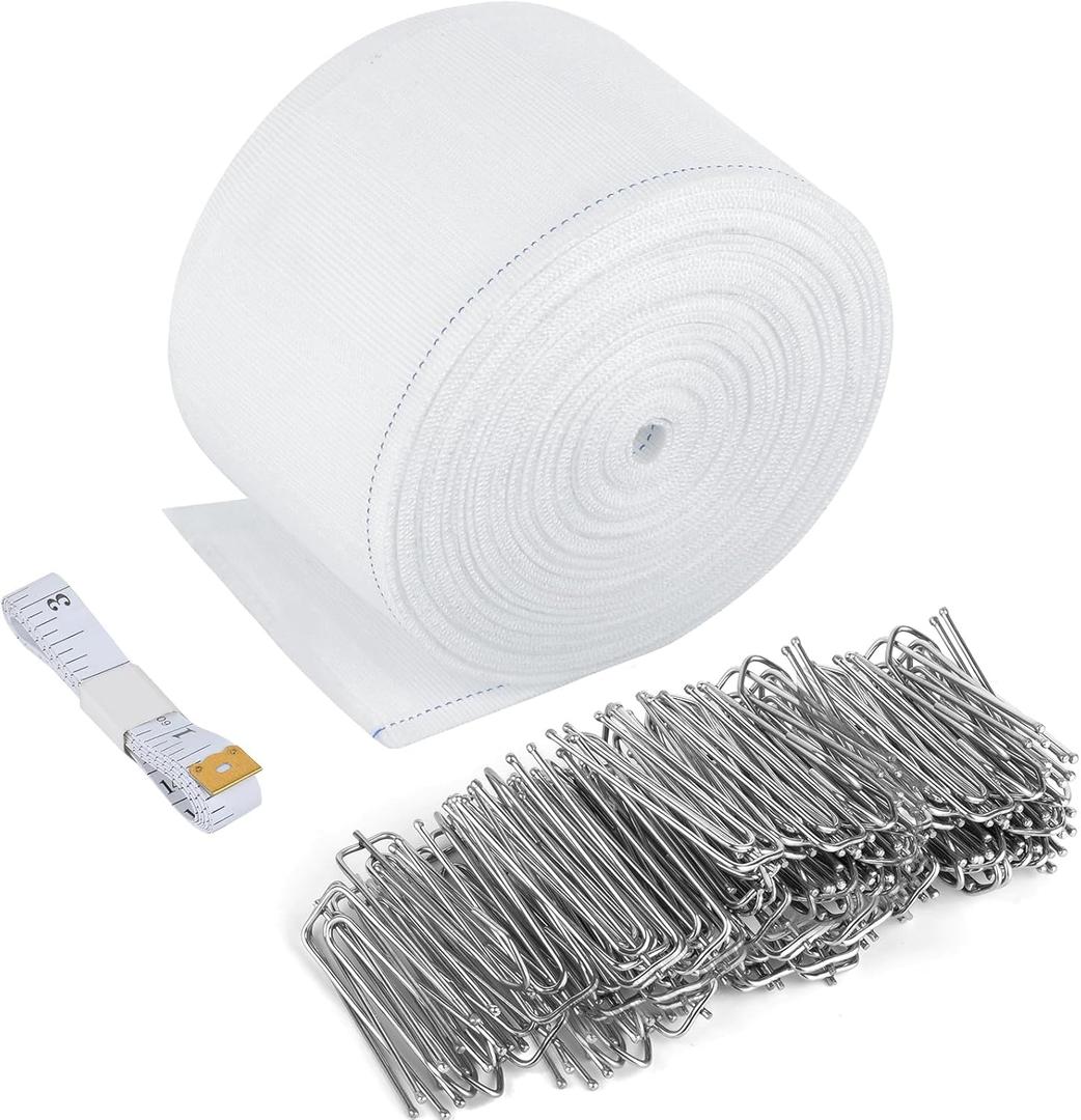 Curtain Pleat Tape with 50 Hooks, 11 Yards /10 Meters Pleater Tape for Curtains, Includes 50 Pcs Stainless Steel Hooks with 4 Prongs, Pinch Pleat Curtain Tape and Hooks for Making Pleated Curtain
