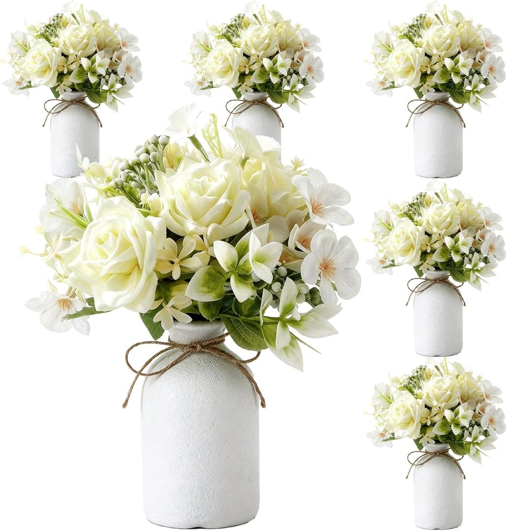 6 Set Fake Flowers with Vase Artificial Roses Bouquets Table Centerpiece Ceramic Vase Rope Decor for Wedding Engagement Holiday Party Bridal Shower Home Decor(Classical White)