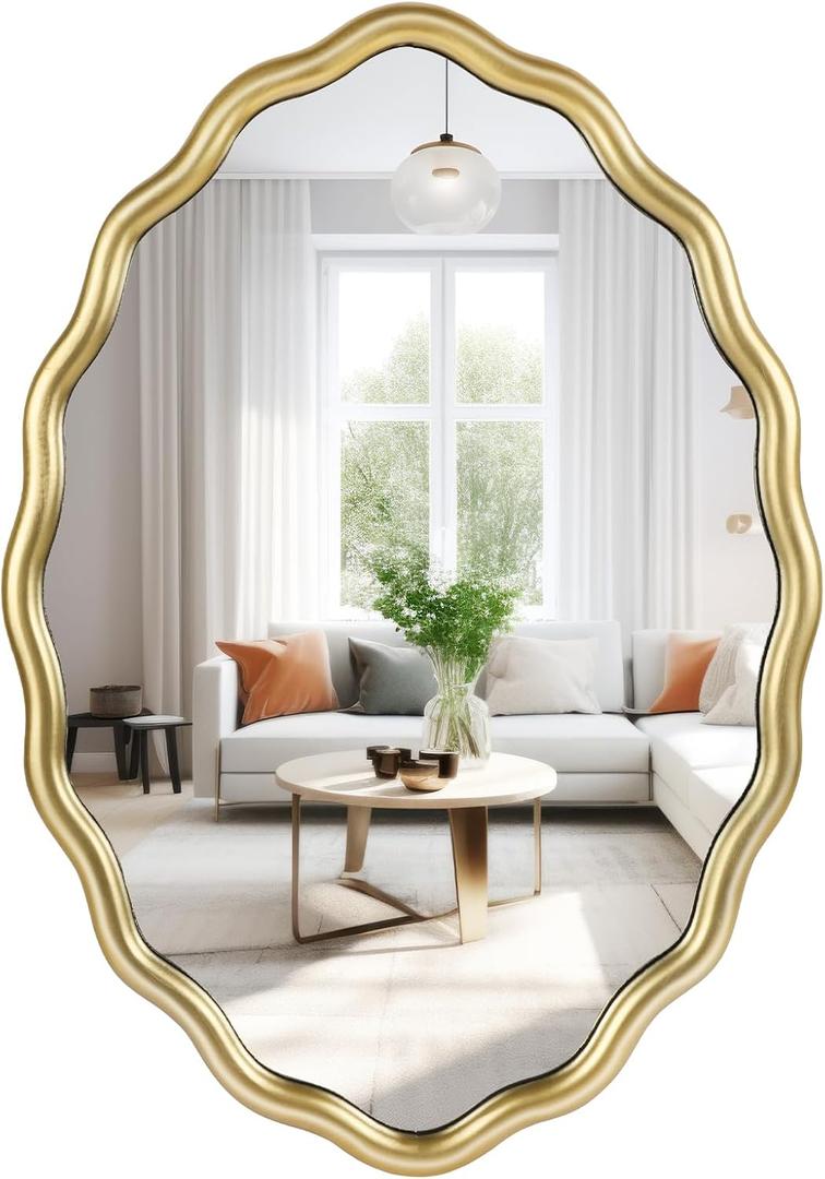 Oval Bathroom Mirror 20"x30" Wavy Wall Mirror Decorative Scalloped Edge Vanity Mirror for Bathroom,Living Room, Bedroom, or Entryway – Vintage Sunburst Design with Beveled Detailing (Gold)