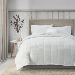 Madison Park King Cozy Blanket HeiQ Smart Temperature Plush to Microfiber Reverse Box Quilting, Reversible, Soft All Season, Lightweight Summer Cover, for Bed, Couch and Sofa, King, Ivory (King (108 in x 90 in))