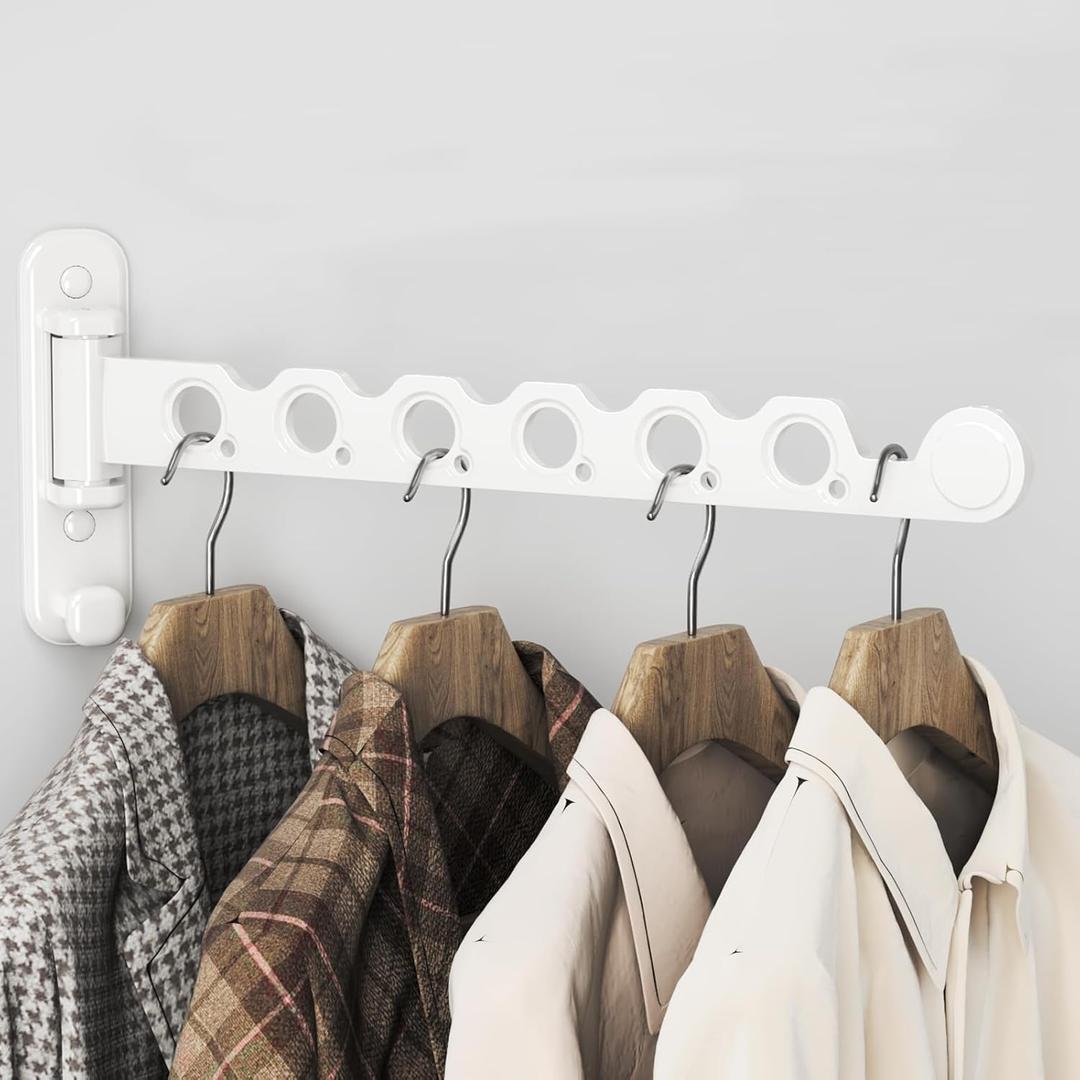 Wall Mounted Clothes Hanger Rack Foldable Drying Rack Hook Folding Indoor for Laundry Room Organization Bedroom Collapsible Racks Perfect for Small Spaces, 6 Hole White 1 Packs