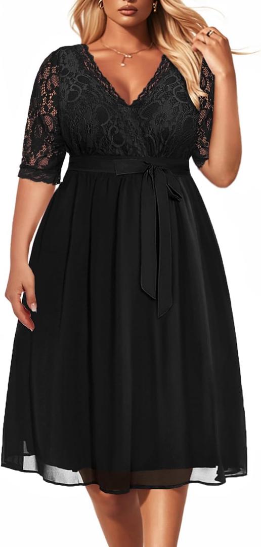 Pinup Fashion Plus Size Lace Chiffon Wrap V Neck Dresses Women Cocktail Wedding Guest Midi Dress (Black), 14Plus