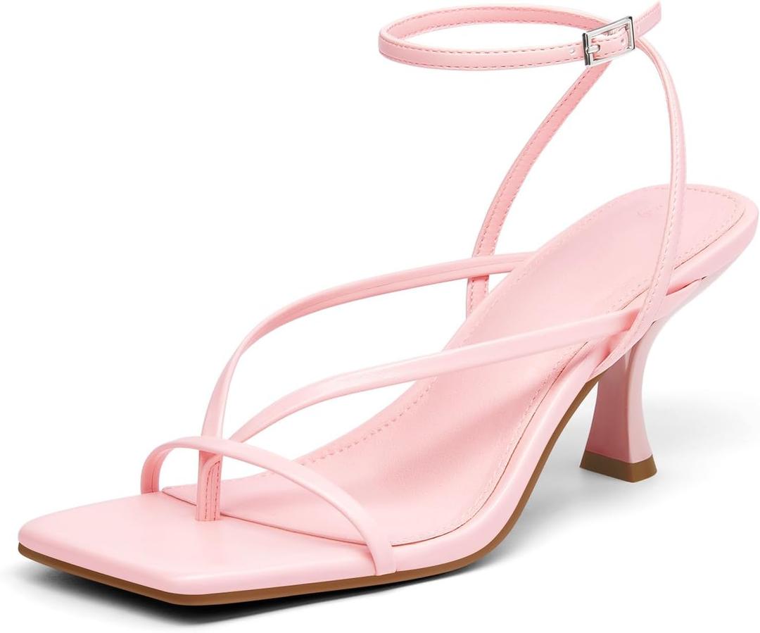 PiePieBuy Women's Lace Up Heeled Sandals Square Flip Flop High Heels Strappy Party Shoes (8.5, Pink)