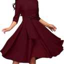 FENJAR Women's Elegance Audrey Hepburn Style Ruched Dress Round Neck 3/4 Sleeve Sleeveless Swing Midi A-line Dresses with Pockets, Calret, Large