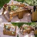 Wooden Outdoor Folding Picnic Basket Table, Folding Picnic Table with Glass Holder, 2-in-1 Picnic Table Convertible Storage Wooden Basket, Natural Travel Camping Equipment