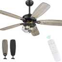 Farmhouse Ceiling Fan, 52Inch Ceiling Fans with Lights and Remote Control, Rustic Barnwood Blades, Industrial Cage Light, Matte Black, MK03-BK