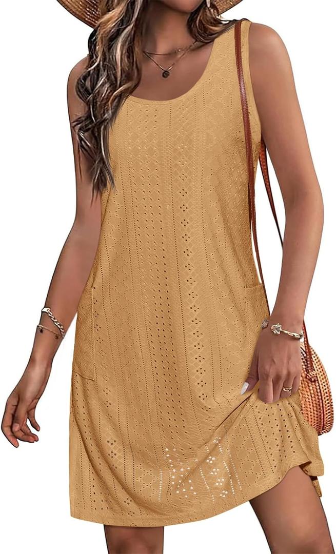 Imily Bela Womens Summer Dresses Casual Beach Tank Eyelet Sleeveless Sundresses 2025 Loose Swimsuit Coverup with Pockets (Beige)