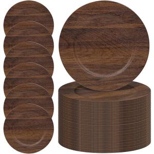 MAONAME 50 PC Charger Plates Bulk, 13" Brown Charger for Dinner Plates, Farmhouse Faux Wood Plate Chargers, Plastic Table Chargers for Weddings, Party