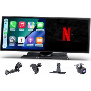 Wireless CarPlay Screen with Net-Flix YouTube, 1080P HD Touchable 10.26-inch Screen and AHD Backup Camera, Compatible with Apple CarPlay & Android Auto, Bluetooth, TF, FM, Siri