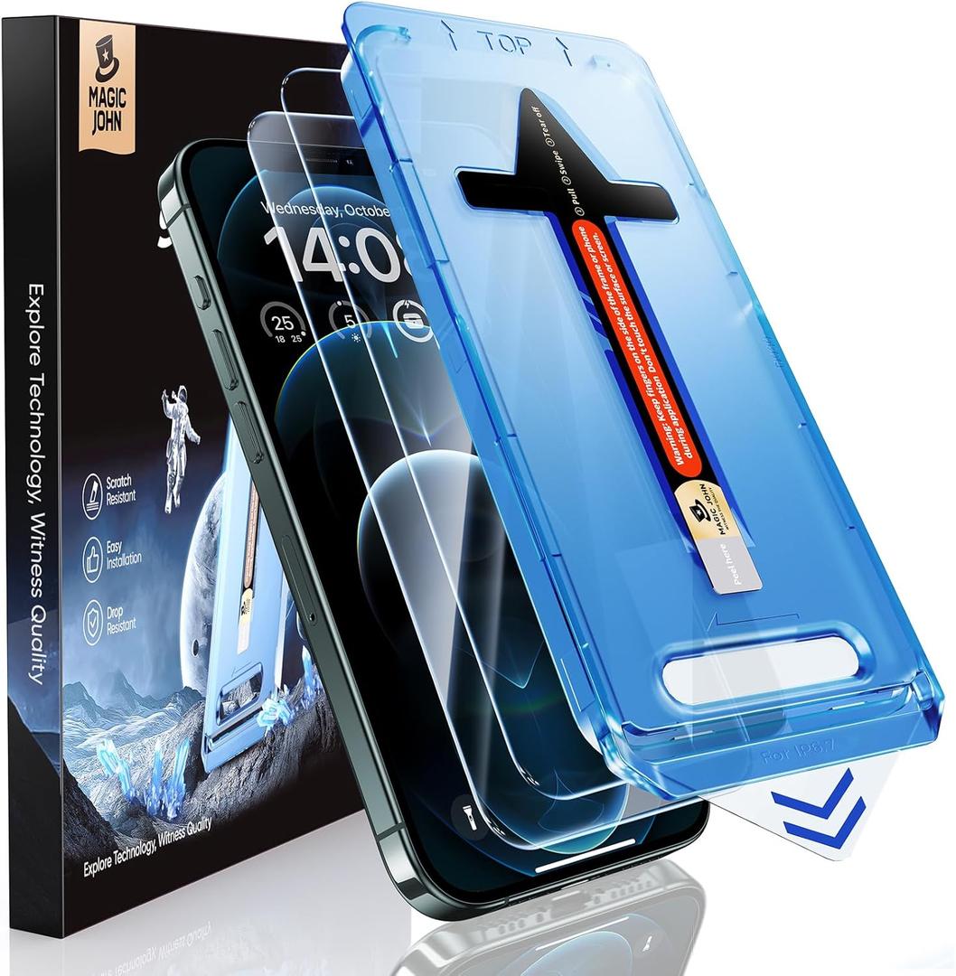 MAGIC JOHN 2 Pack for iPhone 12 Pro Max 6.7 inch Tempered Glass Screen Protector, Auto Dust-Elimination Installation, Bubble Free, HD Clear, Easy Installation
