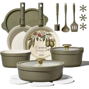 Carote 21pcs Ceramic Cookware Set with Detachable Handles, Pots and Pans Set Non Stick, RV Kitchen Cooking Pot and Pan, Dishwasher Safe, Non-toxic Induction Cookware PFAS and PFOA Free, Olive Green