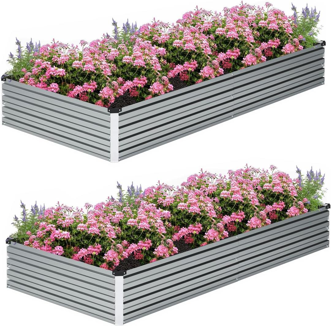 ZUNUDA 2 Pcs 8×2×1FT Galvanized Raised Garden Bed，Metal Planting Box for Outdoor Vegetable, Fruit, Planter Gardening (Silver)