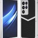 HUALIMEI Luxury Carbon Fiber with Aluminum Case for Samsung Galaxy S24 Ultra, Military Shockproof Protective Phone Cover Full Body Heavy Duty Protection for Men Silver