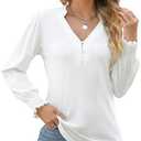 Rapbin Womens V Neck Puff Long Sleeve Button Down Tunic Blouses Fall Tops 2025 Ruffle Cuffs Dressy Casual T-Shirts, No Size