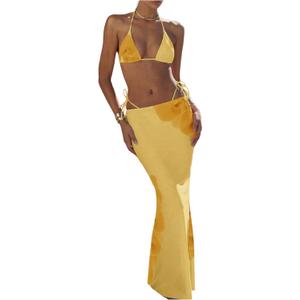 Verdusa Women's 3 Piece Swimsuits Floral Bikini Sets Sexy Bathing Suit with Beach Cover Up Skirt (Yellow, L)