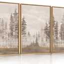 Beige Foggy Pine Tree Framed Canvas Wall Art Set, Modern Misty Forest Wall Decor,Nature Landscape Brown Art Print for Living Room,Bedroom-16 x24 x3