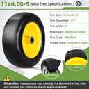 2 PCS 11x4.00-5" Lawn Mower Tires Flat Free,3/4" 5/8" 1/2" Bushing,3.4"-4"-4.5"-5" Centered Hub,Universal Fit Smooth Tread Tire for Zero Turn Lawn Mowers,with Universal Adapter Kit(Yellow Rim)