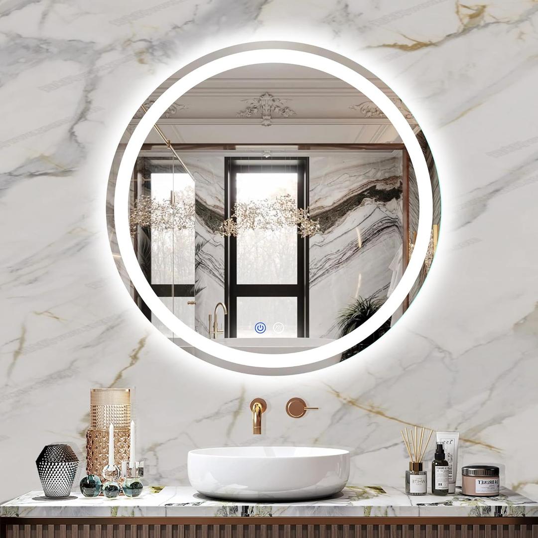 24" LED Bathroom Mirror Round Vanity Mirror, Anti-Fog, Dimmable, 3 Color Temperature, Memory Function Led Wall Mirror for Bathroom, Vanity, Shaving (Vertical/Horizontal) 
