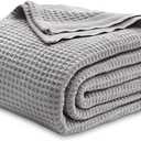 Bedsure Gentlesoft 100% Cotton Blanket Queen Size for Bed - Breathable and Soft for Spring Summer, Thick Cozy Waffle Weave Blanket Gifts for Women, Grey, 90x90 Inches