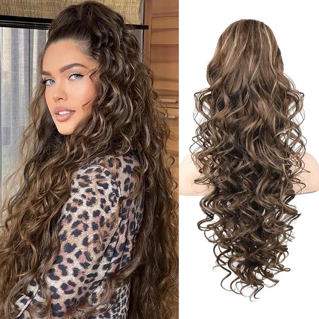 SEIKEA Ponytail Extension, 24" Fluffy Long Wavy Curly Claw Clip Hair Extensions Ponytail Multi-layered Clip in Fake Pony Tails Natural Soft Synthetic Hairpiece Chocolate Brown with Highlights