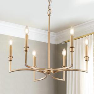 Gold Chandelier Light Fixture 6-Light Candle Dining Room Chandelier Lighting Over Table Vintage Brass Metal Chandeliers for Bedroom Kitchen Island Foyer Entryway, 26in