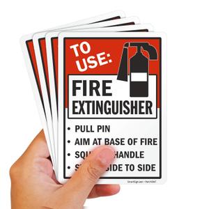 SmartSign (4-Pack) 7" x 5" 'to Use Fire Extinguisher - Pull Pin, Aim at Base, Squeeze Handle' Sticker Labels, 5 mil Laminated Polyester with SuperStick Adhesive, Red/Black/White, USA-Made