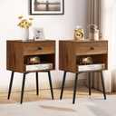 VECELO Nightstands Set of 2, Mid Century Modern End Bedside Table, Night Stand with Storage Drawer and 2 Tiers Open Shelf for Small Place, Bedroom, Living Room, Easy Assembly, Rustic Brown