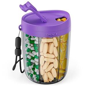 PULIV Large Pill Bottle Organizer for Holding 6 Various Vitamins without Filling Hassle, Supplement Organizer for Travel, Anti-Mixing Pill Box Case with Wide Opening for Easy Pill Retrieval, 20 Labels (Purple)