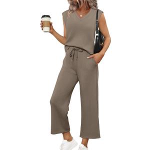 SAMPEEL Two Piece Sets for Women Summer Outfits Travel Airport Outfits Trending Soft Lounge Sets for Women Going Out Top Sweatsuits Coffee M