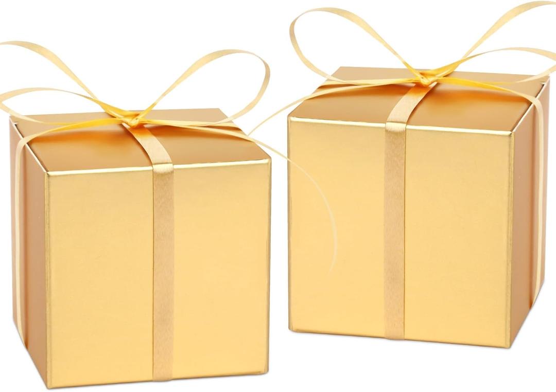 Adecortalk 100 Pcs Mini Gold Gift Boxes 2x2x2 Inches Paper Party Favor Boxes Gift Candy Boxes with Ribbons for Birtyhday Wedding Baby Shower Graduation Bridal Shower Halloween Christmas Valentine Gifts