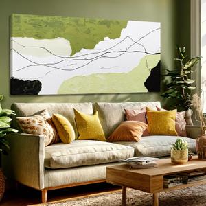 Dolidoteart Green White Black Canvas Wall Art, Hand Painted Abstract Oil Painting, Large Modern Wall Decor for Living Room Bedroom Office, Horizontal 24x48 Inch
