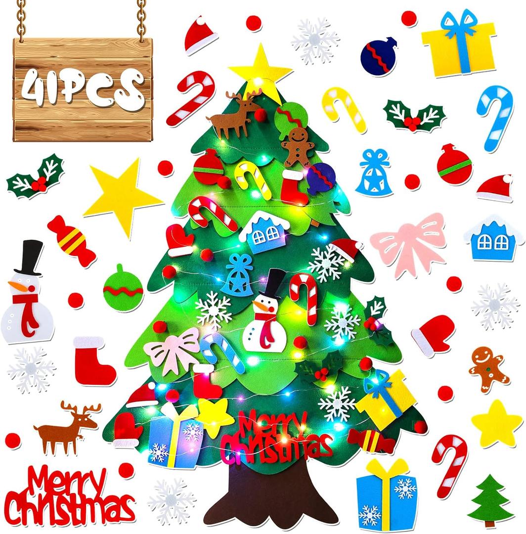 Sumind 41 Pieces Felt Christmas Tree for Kids Wall 3. 3ft DIY Felt Christmas Tree with Lights Hanging Ornaments for Kids Home Living Room Decorations
