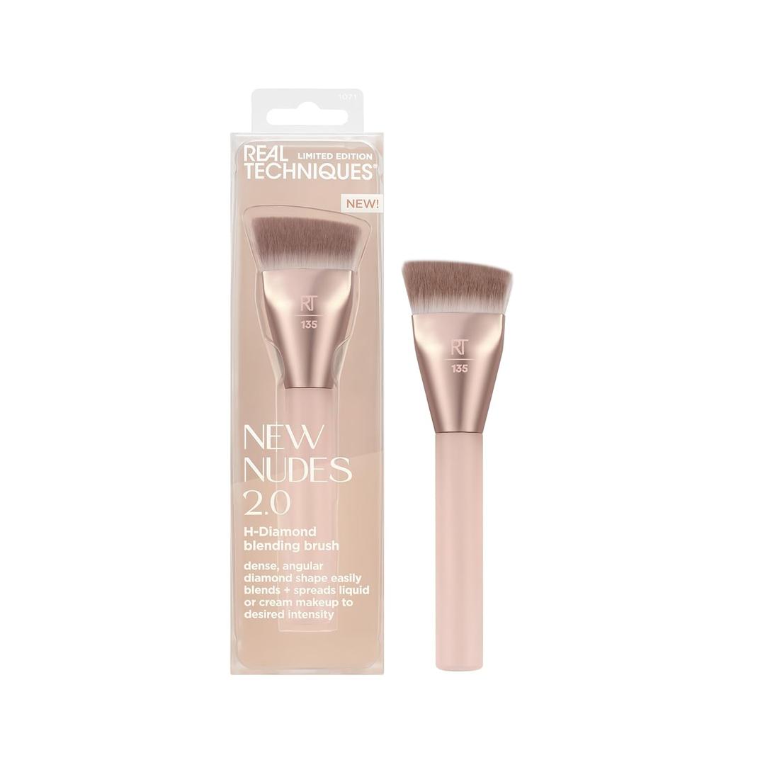 Real Techniques New Nudes H-Diamond Blending Brush, Foundation, Contour & Blush Makeup Brush for Seamless Liquid or Cream Coverage, Diamond-Shaped Head, Cruelty-Free, 1 Count, Tan