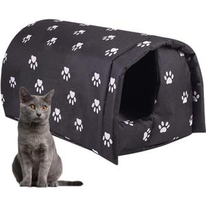 Cat House for Outdoor Cats in Winter, Feral Cat Shelter, Cat House Thickened Weatherproof Foldable, Stray Cats Shelter Rainproof and Sunscreen Oxford (Black, L)
