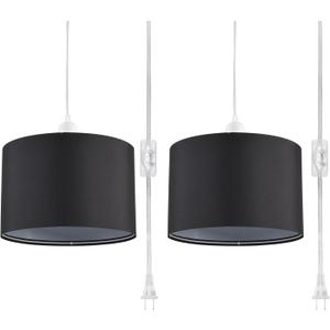 2 Pack Plug in Pendant Light, Hanging Light with 15Ft Clear Cord, On/Off Switch, Black Fabric Lamp Shade, Hanging Light Fixture for Bedroom, Kitchen, Living Room, Dining Table
